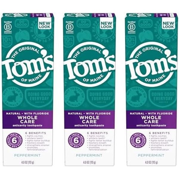 NEW 3 X 85ML TOMS OF MAINE WHOLECARE TOOTHPASTE
