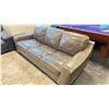 Image 2 : BROWN LEATHER COUCH, BLACK LEATHER LOVESEAT, 2 SMALL SQUARE BLACK SIDE TABLES & A A BEIGE SHAG AREA