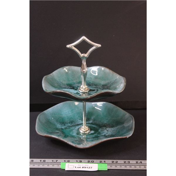 Blue Mountain Pottery Two Tier Dessert Serving Tray - 10" x 9" x 8"