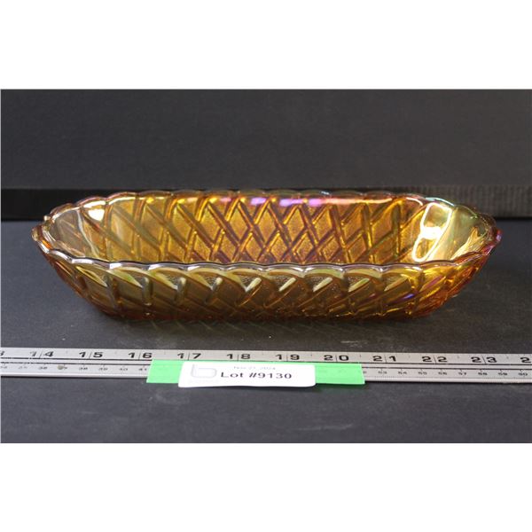 Amber Carnival Glass Basket Weave Celery Dish - 10.5" x 5"