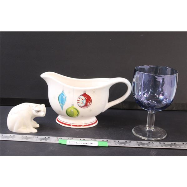 Bartlett Collins Iridescent Blue Goblet, Christmas Gravy Boat, Carved Stone Polar Bear Figurine