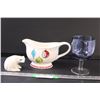 Image 1 : Bartlett Collins Iridescent Blue Goblet, Christmas Gravy Boat, Carved Stone Polar Bear Figurine