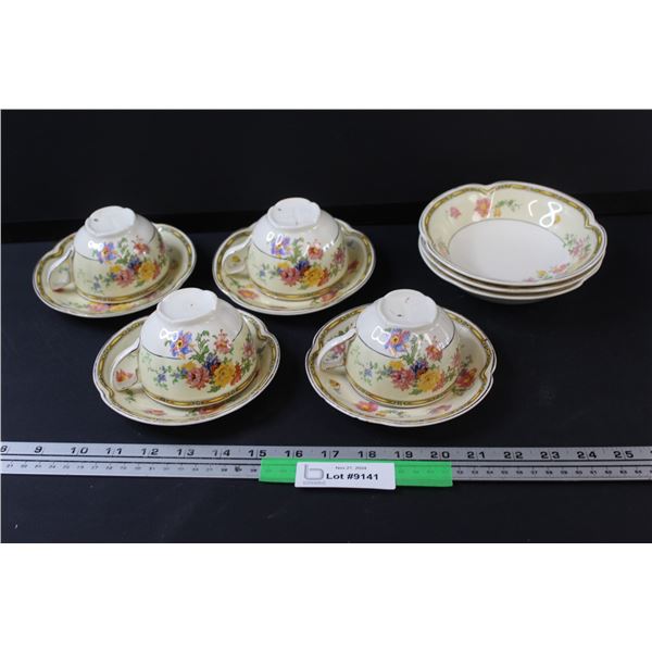 (4) Pareek Johnson Bros Tea Cup & Saucer Set & (3) Dessert Bowls (One Tea Cup Has Chip)
