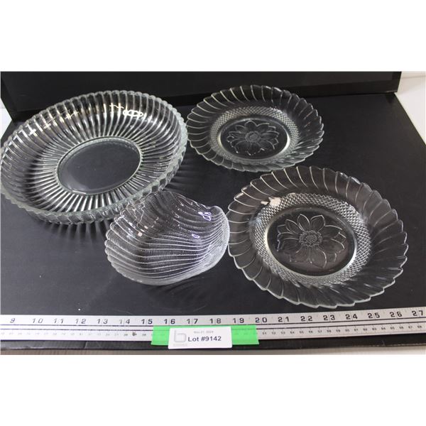 (2) Vintage Indonesia Glass Sunflower Serving Plates, Sea Shell Candy Dish, Heisey Corse Rib Serving