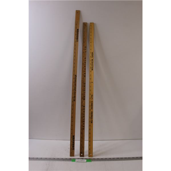 (2) Wooden Meter Sticks: Waldheim, Sk & Revelstoke, BC, (1) Beaver Lumber Wooden Yard Stick