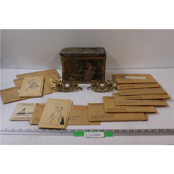 (2) Antique Baroque European Dresser Handles, (12) Vintage Dress Patterns - Assorted, Vintage Canist