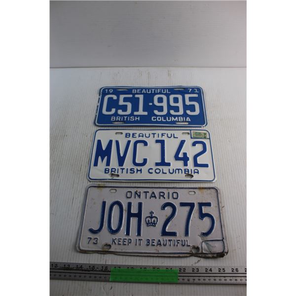 1971, 1974 and 1973 British Colombia (BC) and Ontario License Plates
