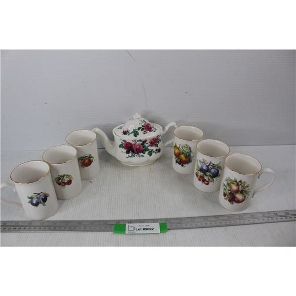 Vintage English Rose Fine China Teapot w/ (6) Royal Grafton Fine Bone China Cups