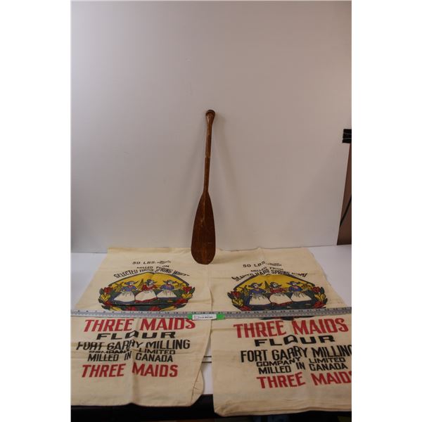 (2) Three Maids Flour Bags & Decorative Wood Ore