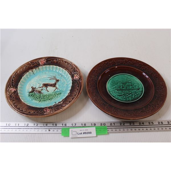 (2) English Majolica Brown & Green Glaze Pottery Plates