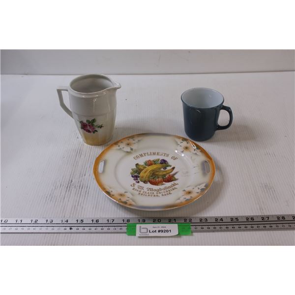 Neilburg, Sk Grocery Store Plate, PYREX Blue Mug, Unity, Sk Czechoslovakian Made Cream Pitcher