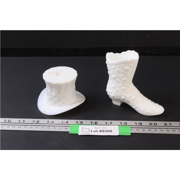 (2) Milk Glass Figurines: Ladies Boot & American Top Hat