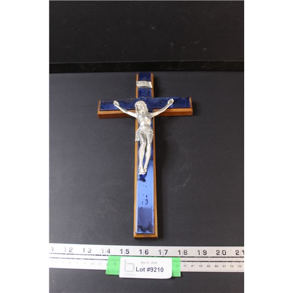 Crucifix Blue Mirrored Glass Cross- 12” Long