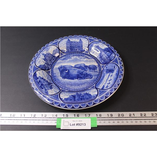 Flow Blue Souvenir Plate, Winnipeg Man. Features Buffalo
