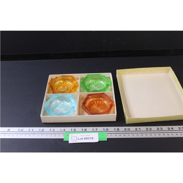 Vintage Coloured Bohemia Art Glass Ashtray Set in Box - Made in Czechoslovakia