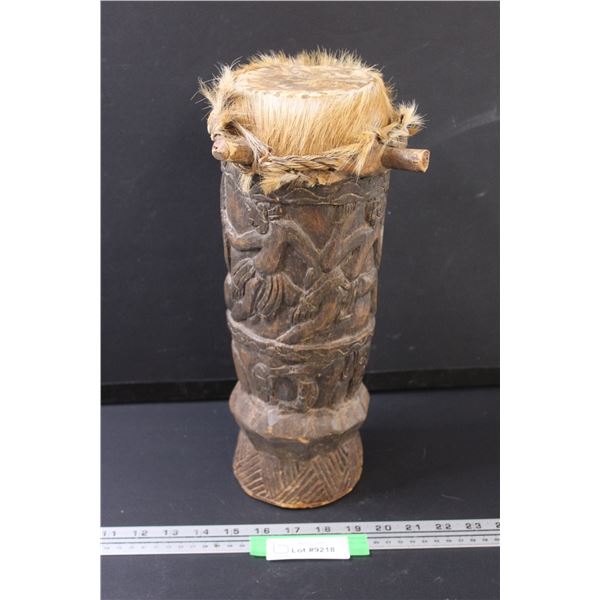 Indigenous Rawhide and Carved Wood Drum 14" Tall