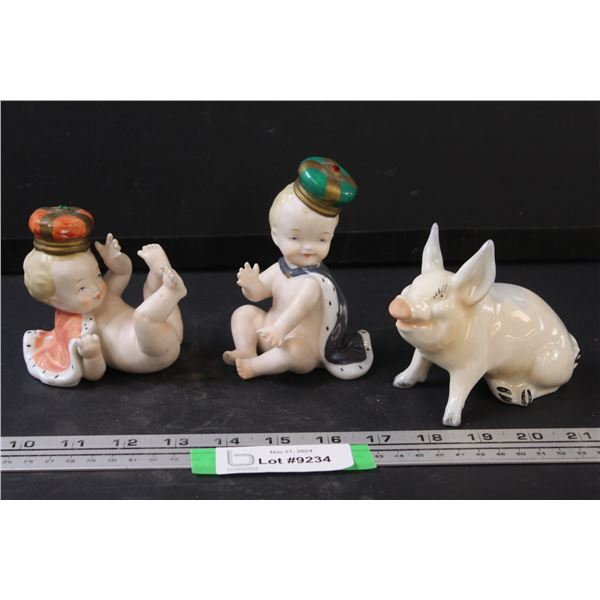 Beswick Pig Figurine & (2) Porcelain English Baby Figurines