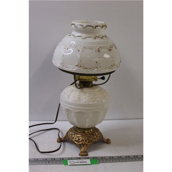 Antique Milk Glass Lamp - 16" Tall - Works - Top Glass Shade Has Damage, as Pictured