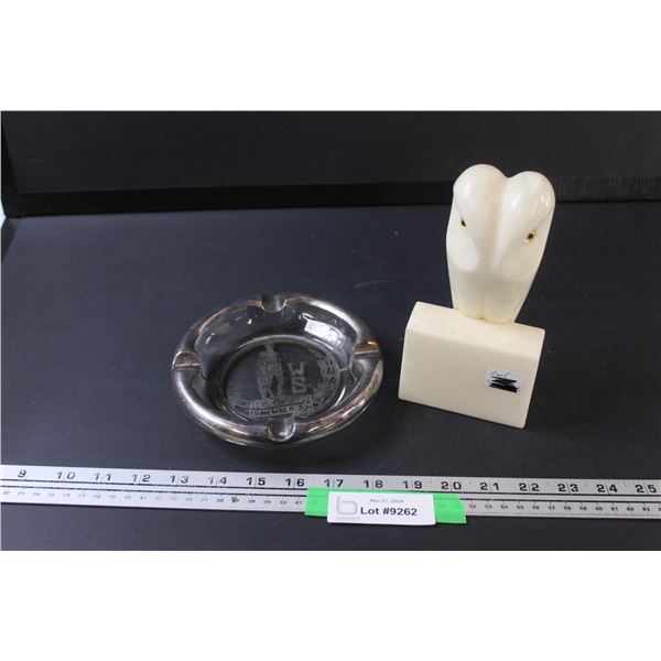 Alabaster Carved Owl & Traveller's Club Ashtray
