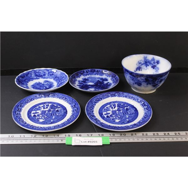 (2) Antique Blue Willow Pattern Plates - (3) Flow Blue Items