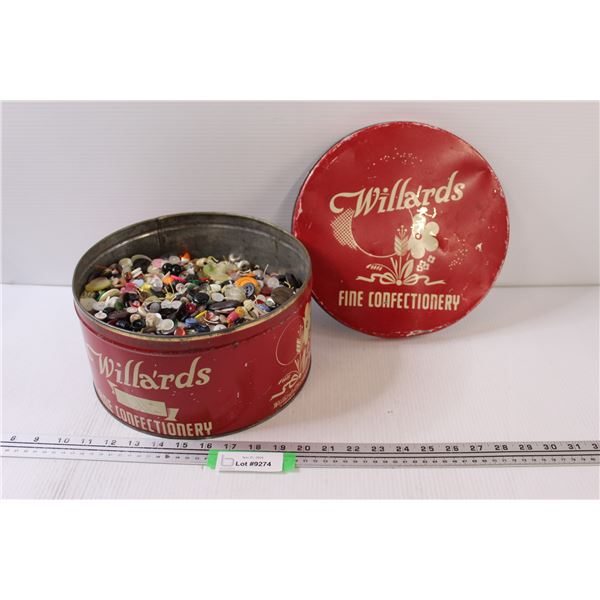 Willard's Fine Confectionary Collectors Tin w/Buttons