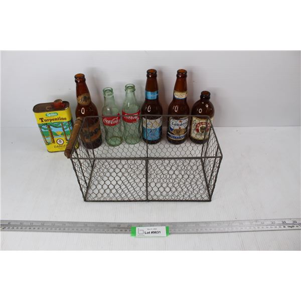 Lot Of Various Bottles, Coca- Cola, Labatts, Misc, Vintage Goldex Turpentine Tin, Antique Chicken Wi