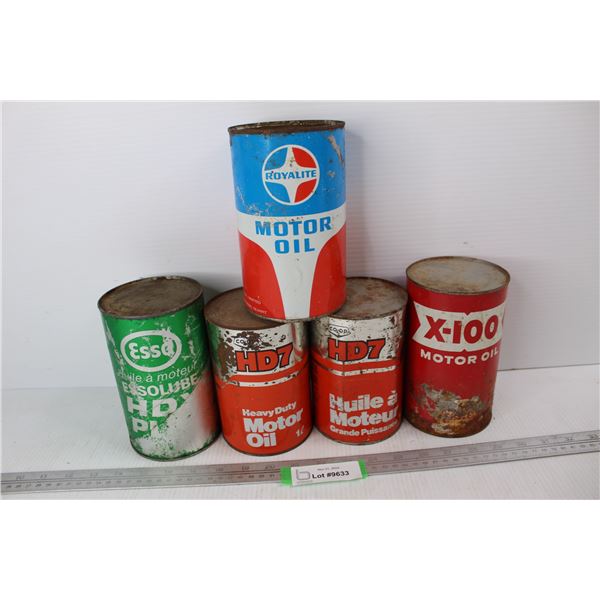 (5) Various Vintage 1 Quart Oil Cans, Royalite, Shell, Esso- Some Full-