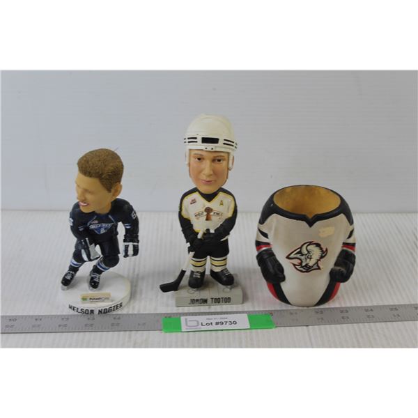 (3) Hockey Items - Jordin Tootoo Brandon Wheat Kings Bobble Head, Nelson Nogier Saskatoon Blades Bob