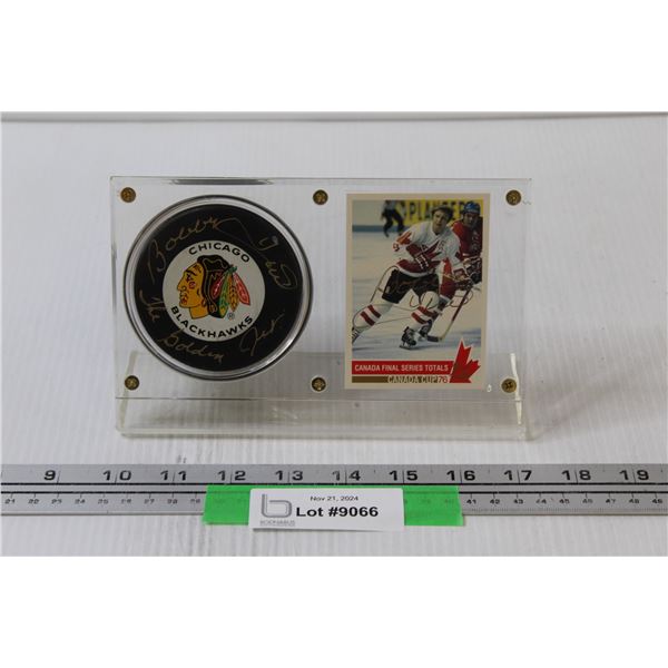 Bobby Hull Chicago Blackhawks Framed Signed Hockey Puck & Trading Card in Frame