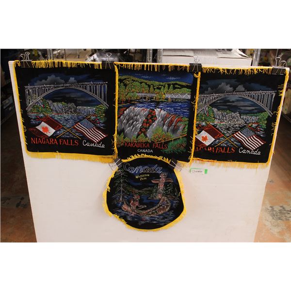 (4) Black Velvet Art Pictures: (2) Niagara Falls, Kakabeka Falls, Waterton Park - 18" x 18"