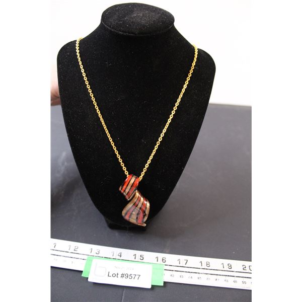 Hand Crafted Glass Pendant Necklace w/Gold Plated Chain - Not Authenticated