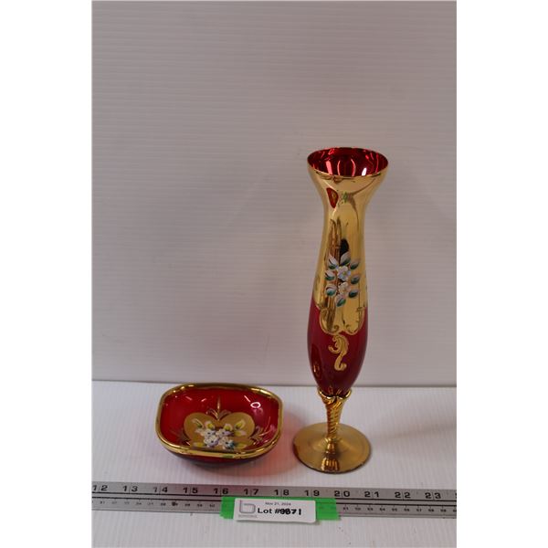 Venetian Red Glass Vase & Matching Candy Dish