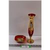 Image 1 : Venetian Red Glass Vase & Matching Candy Dish