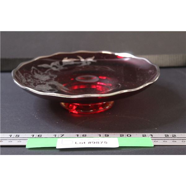 Ruby Red Glass w/Silver Floral Overlay Pattern Serving Plate - 8" Diameter