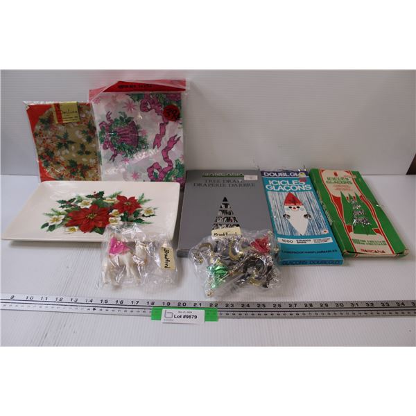 Poinsettia Serving Tray, (3) Tree Decor, Icicles, Paper Doilies, Bradford Wise Men Figurines
