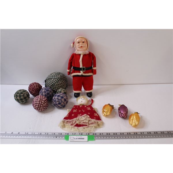 Vintage Santa & Angel, Fabric Christmas Balls & (3) Pepper Ornament Clips