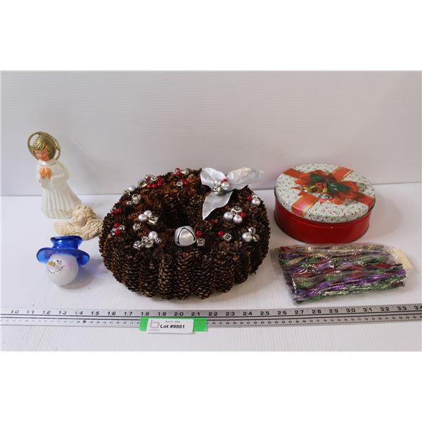 Pinecone Center Piece, Vintage Angel, Snowman Ornament, Spiral Ornaments, Christmas Tin, Misc.