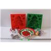 Image 1 : (2) Jello Moulds, Poinsettia Tray & (3) Vintage Christmas Ornaments - Assorted