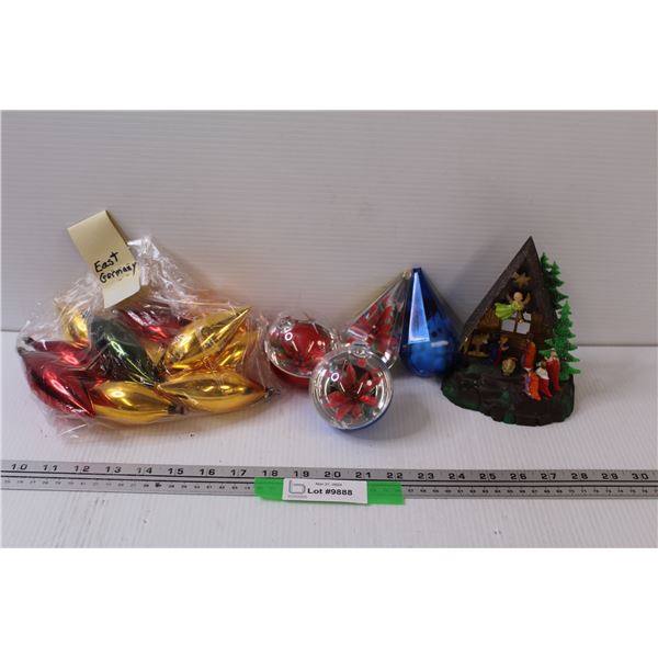 East Germany Glass Drop Ornaments, Vintage Nativity Scene & Poinsettia Ornaments - as is