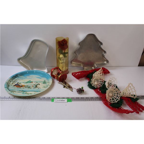 Vintage Christmas Items: Wind Chimes, Cake Pans, Angel, Bow w/Bells
