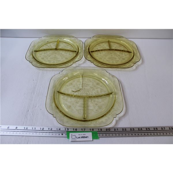 (3) Yellow Depression Glass Divided Plates - 10.5" Diameter - Has Crack, as Pictured