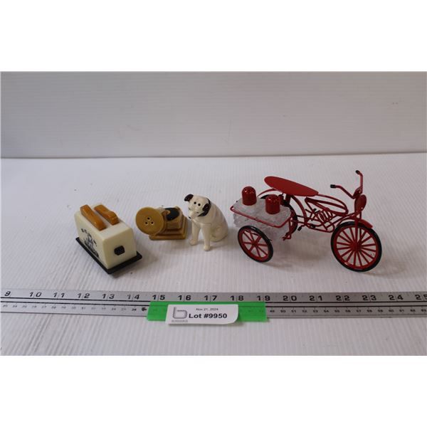 Salt & Pepper Shakers: Bicycle Set, RCMP Toaster Set, Puppy & Gramophone