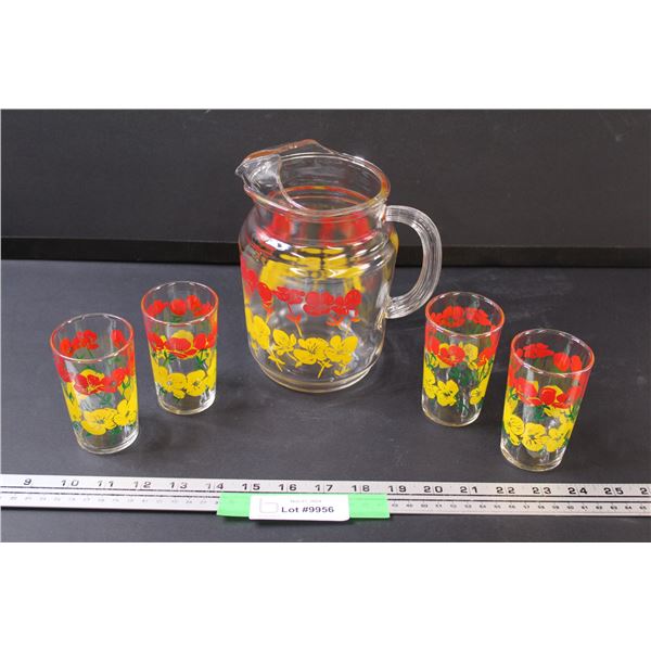 Vintage Floral Glass Pitcher & Four Glasses Set
