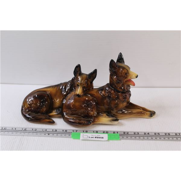 Ceramic Brown Glaze German Shepards Figurine - 7" x 14" - Slight Ding on Ear, as Pictured
