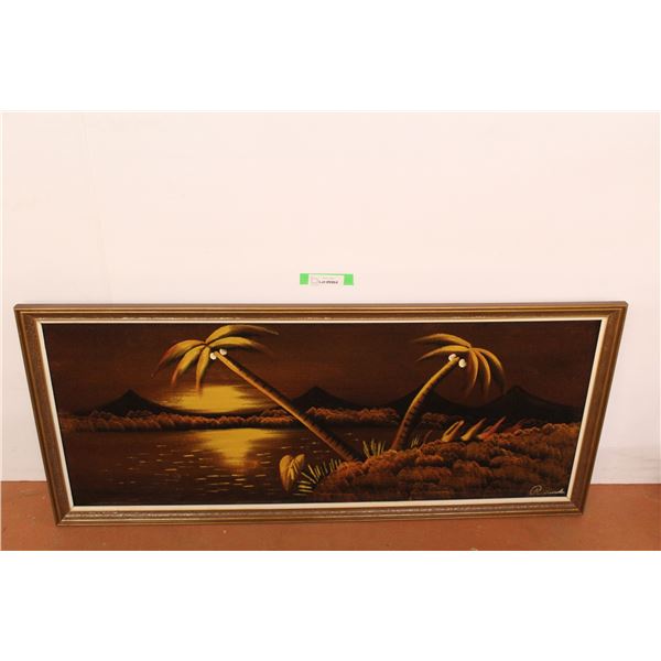 * Black Velvet Painting Of Tropical Scene in Frame - 20" x 46"