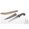 Image 1 : Iranian knife with inlaid and Damascus blade and decoratively engraved sheath 12" and a bronze 10 1/