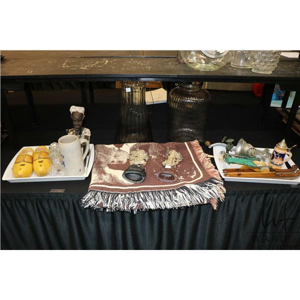 Shelf lot of collectibles including meat grinder, apple corer, wooden skates, Dutch wooden shoes, Af