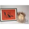 Image 1 : Framed Inuit print on woven cloth by Kalvak with Hand made by Holman Eskimo label, 13" X 16 3/4" ove