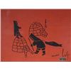 Image 2 : Framed Inuit print on woven cloth by Kalvak with Hand made by Holman Eskimo label, 13" X 16 3/4" ove
