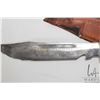 Image 8 : Three knives including tribal knife with etched blade and leather sheath 15" in length, German silve